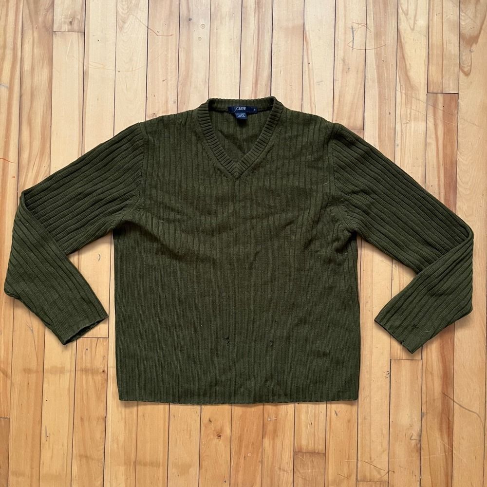 J Crew Olive Green Ribbed Merino Wool V Neck Sweater Mens Size Medium